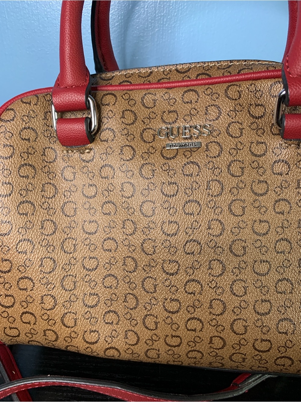 Guess Brown Monogram Satchel with Red Trim and Strap - Picture 2 of 7